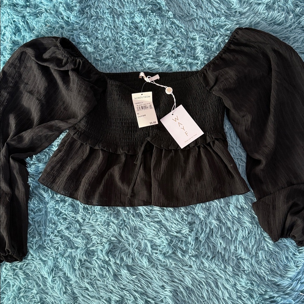 Wayf Black Smocked Puff-Sleeve Peplum Crop Top